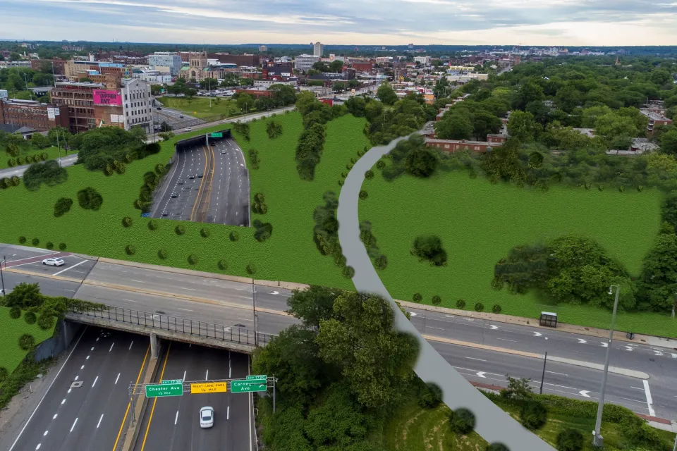 A conceptual rendering of a freeway cap built over the Innerbelt Freeway in Cleveland,